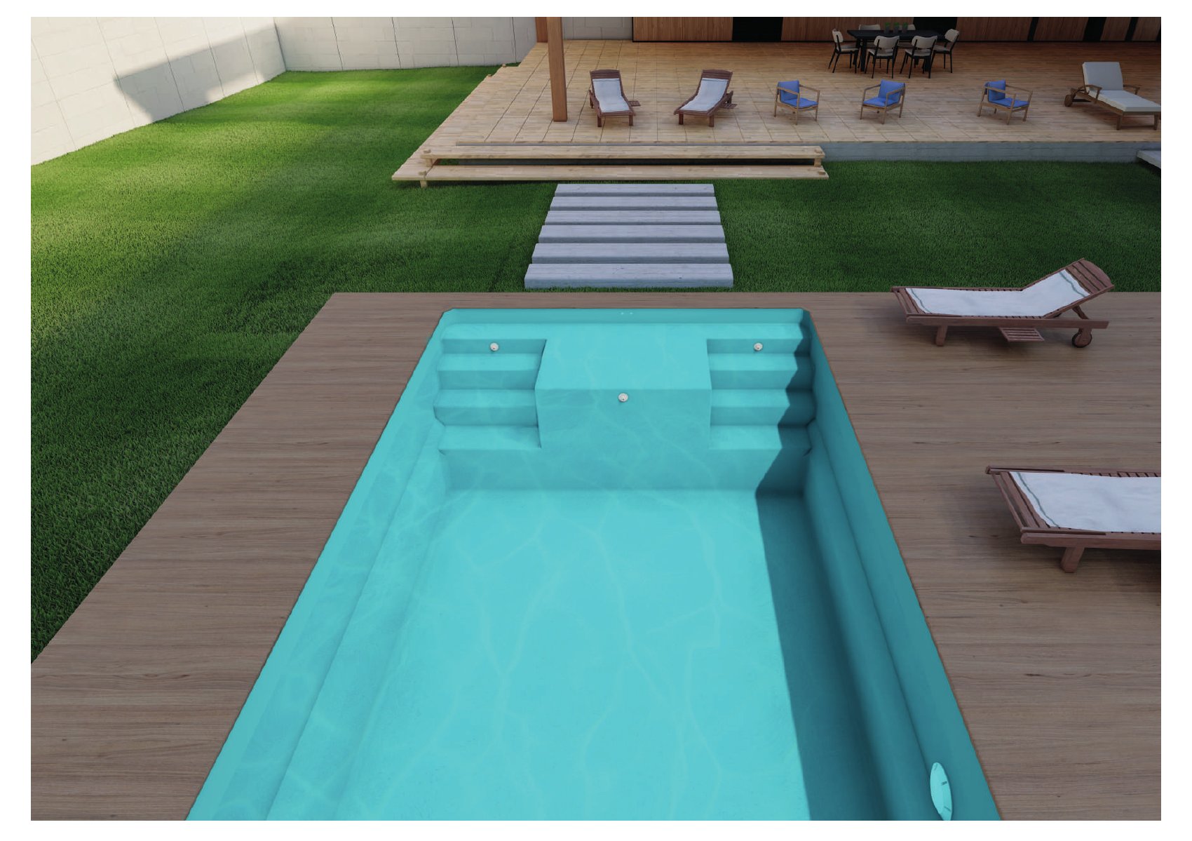 Piscine coque avec terrasse en bois et jardin — visuel d’illustration Garden Piscine